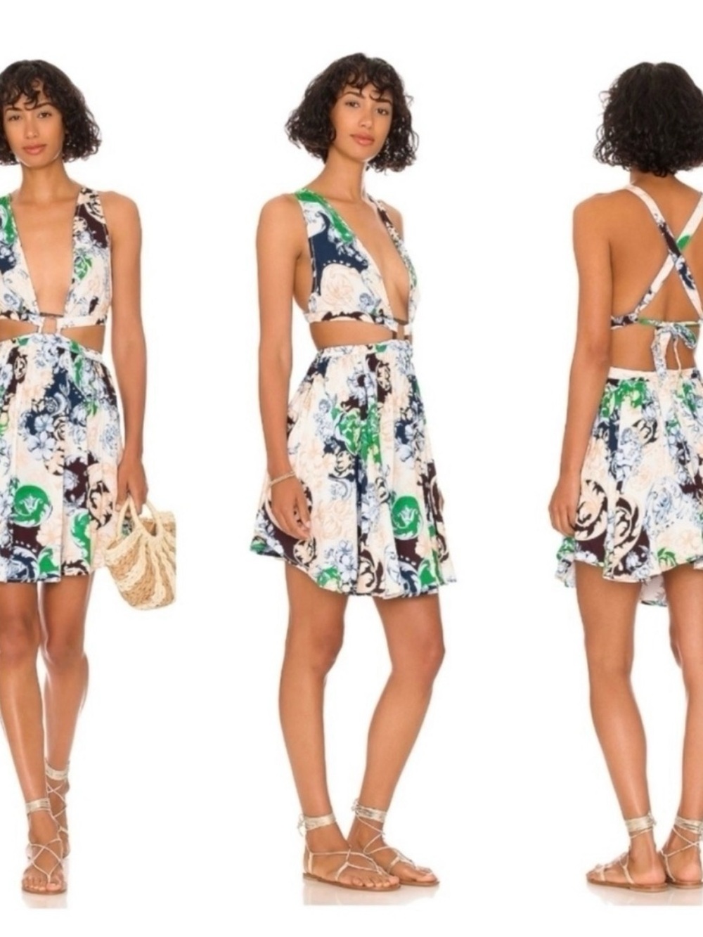 Agua Bendita White, Green & Navy Floral Cutout Mini Dress